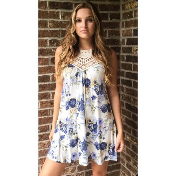 Boutique Dresses & Skirts - NWT Blue Ditsy Floral Lace Crochet Mini Dress | Cottagecore Coquette Soft Girl L